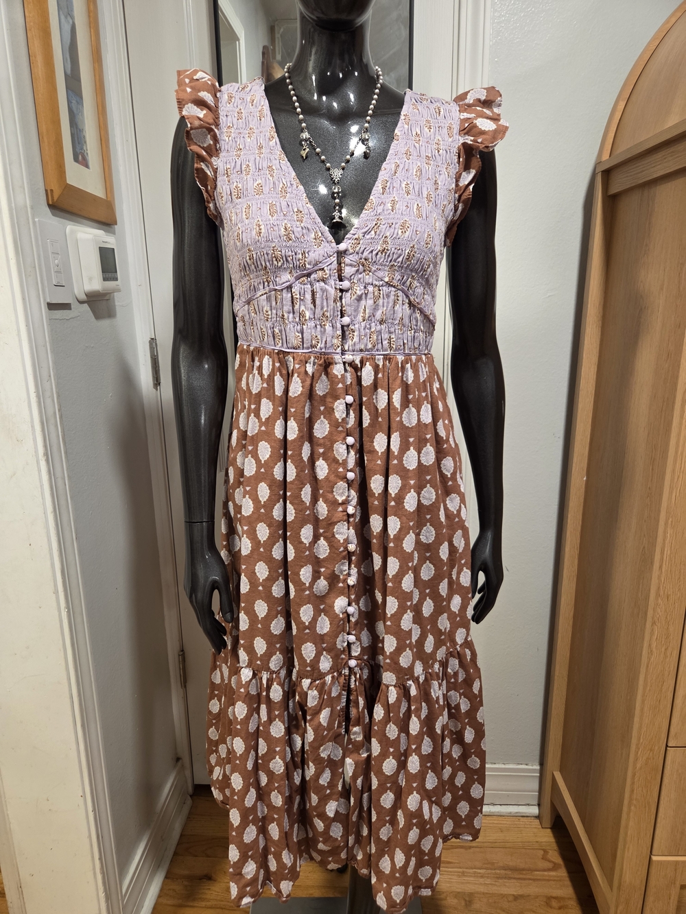 Anthropologie Gorgeous Peregrine Lavender & Brown Midi Dress Sz MP